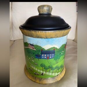 Valerie Pillow Americana Folk Art Rural Country Farm Church Design Canister Jar
